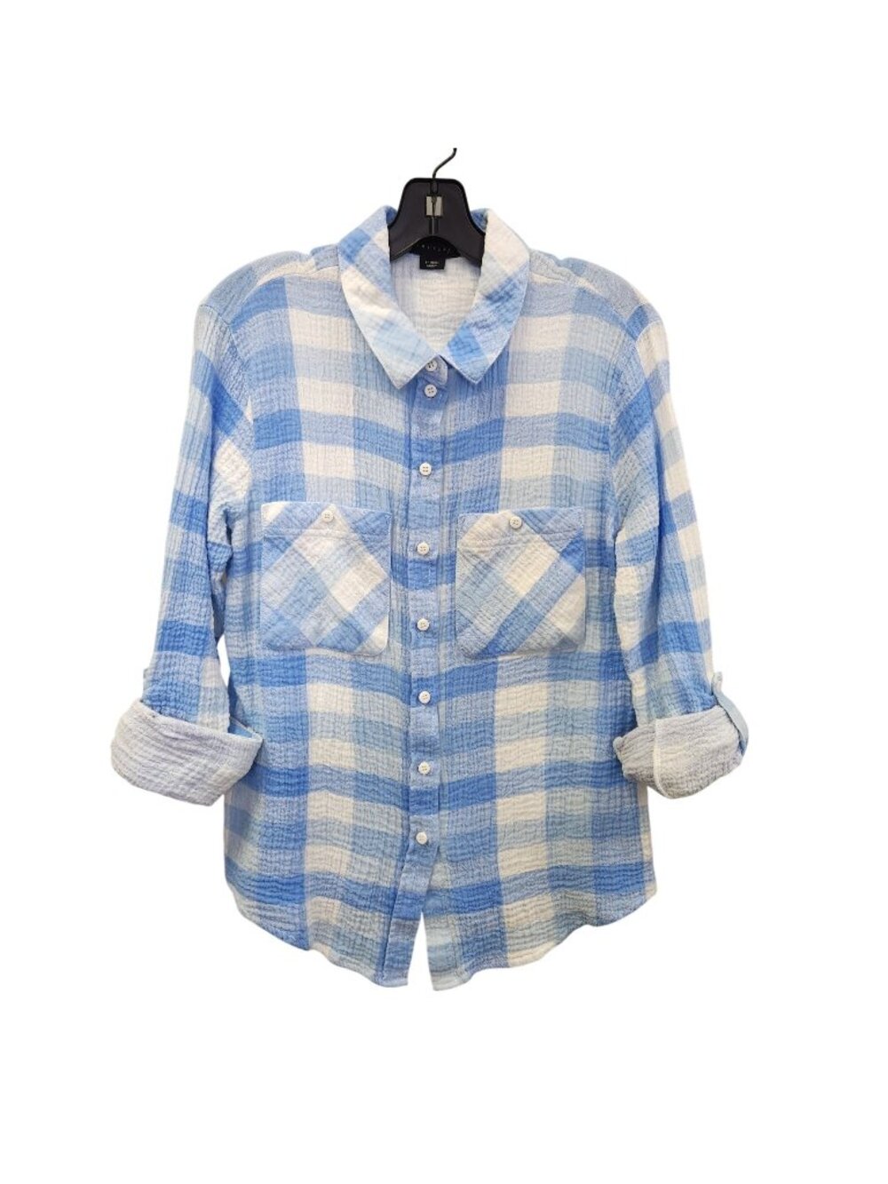 Sanctuary Tomboy large Shirt Blue & White Plaid Button-Up Long Sleeve 3704